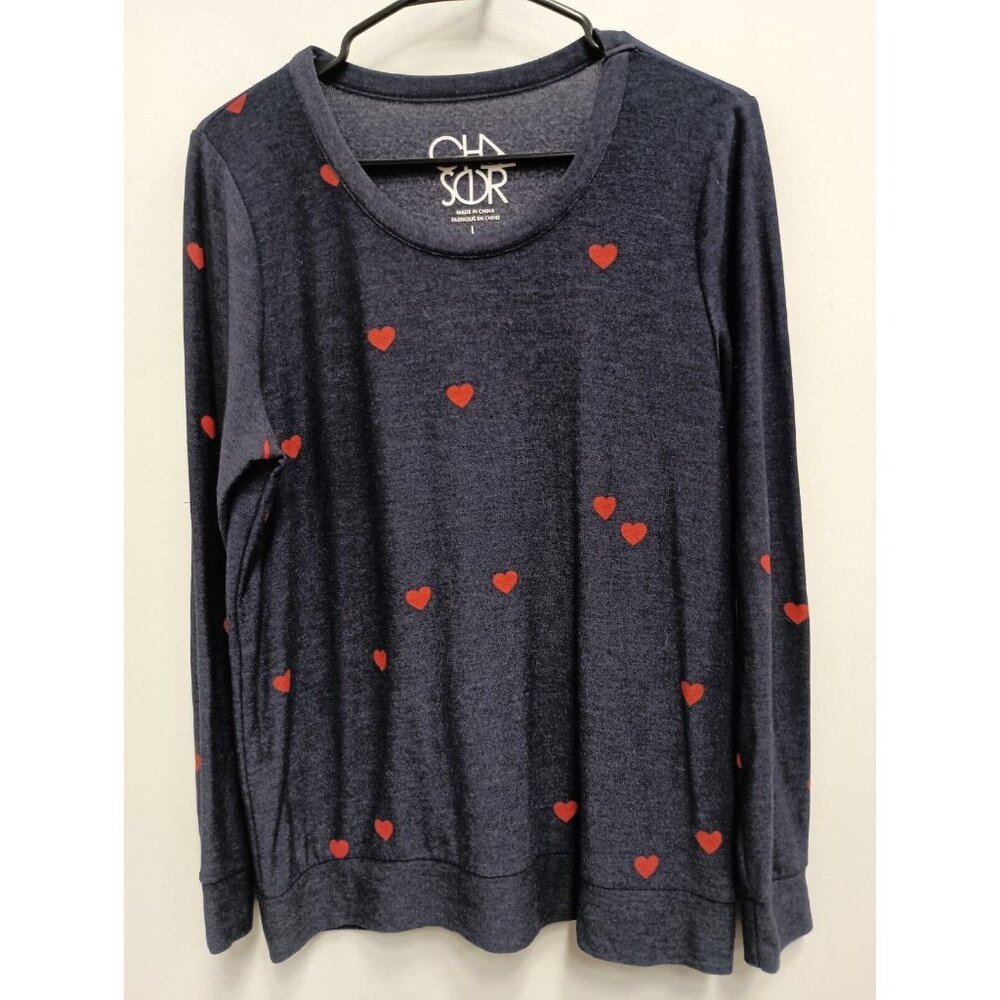Chaser Womens Tiny Hearts‎ Pullover Sweater Large Navy Red Soft Loungewear